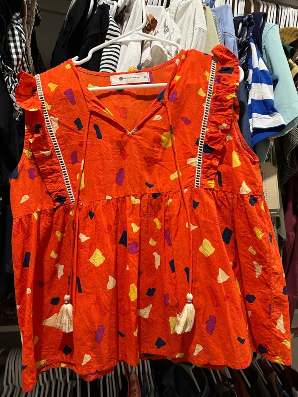 The Impeccable Pig Red Orange Abstract Pattern V-Neck Top
